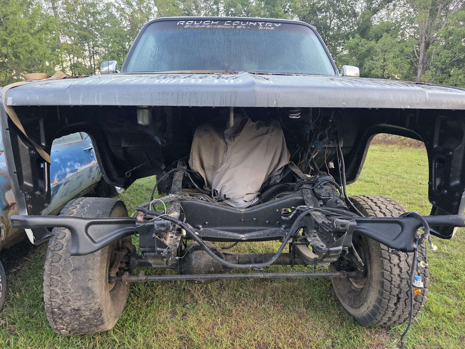 Blazer front stripped to the frame with the grille and core support off